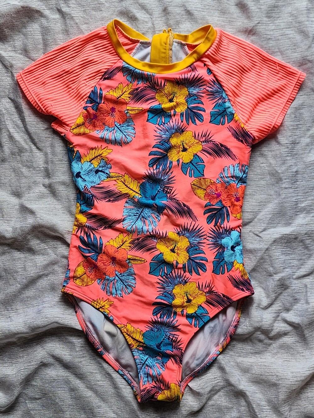 Girls Size 10-12 Swimsuit By Art Class, Bright Floral Print, Snags On Sleeves
